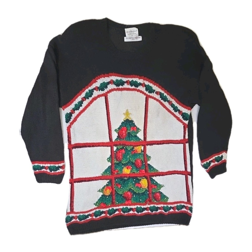 Vtg 1992 Christmas Sweater‎ Marisa Christina Tree Window Holly Bows Plus size 1X